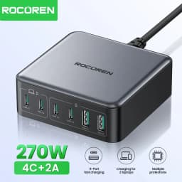 Rocoren 200 واط GaN شاحن PD شحن سريع USB نوع C شاحن 270 واط 6 في 1 محطة طاقة USBC آيفون 16 15 برو ماكس Xiaomi 14