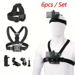 مجموعة ملحقات كاميرا الأكشن تشمل حزام الرأس وحزام الصدر وحامل قابل للتعديل لكاميرات GoPro والهواتف وDJI Osmo وSJCAM وAKASO وInsta360