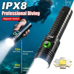 مصباح غوص جديد 2026 مقاوم للماء بمعيار IPX8، مصباح LED قابل لإعادة الشحن، مع حزام معصم سيليكون 18650، مصباح غوص 50 متر للغوص السكوبا