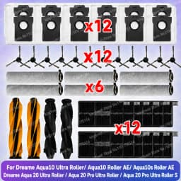 متوافق مع أجزاء مكنسة Dreame Aqua 10 Ultra Roller / Dreame Aqua10 Roller AE / Aqua10s Roller AE, Dreame Aqua 20 Ultra Roller/ Aqua20 Pro Ultra Roller الأسطوانة الرئيسية فرشاة جانبية كيس فلتر أسطوانة قماش ممسحة ملحقات