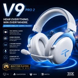 سماعة ألعاب لاسلكية فوق الأذن MCHOSE Authentic V9 Pro 2 مع ميكروفون، إلغاء الضوضاء، زمن استجابة منخفض، سماعات لألعاب الكمبيوتر.