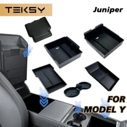 TEKSY 1/2/3/4/6/7/8 قطع لسيارة تسلا موديل Y الجديدة 2025 2026 جونيبر، مصنوعة من ABS مع حصيرة سيليكون مانعة للانزلاق، صندوق تخزين للكونسول ومسند الذراع