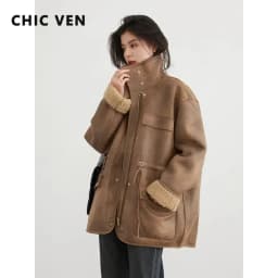سترات نسائية من CHIC VEN سترة سميكة ودافئة من جلد الغزال الصلب قابلة للعكس معطف خارجي للدراجة النارية معطف نسائي فضفاض لشتاء وخريف 2023