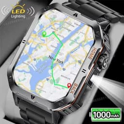 ساعة ذكية عسكرية جديدة للرجال للاستخدام الخارجي مع نظام تحديد المواقع العالمي (GPS) ومصباح يدوي واتصال بلوتوث وشاشة AMOLED مقاس 2.01 بوصة ومقاومة للماء حتى 3ATM للرياضة HT30