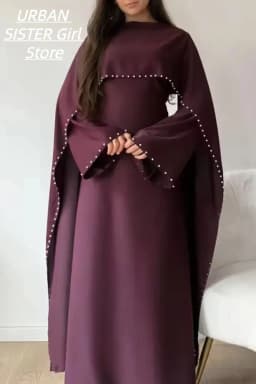 عباءة مزينة باللؤلؤ مع أكمام واسعة، ثوب إسلامي، فستان سهرة طويل وأنيق بلون موحد