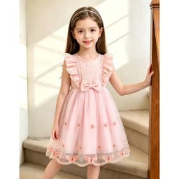 أطفال فستان الأميرة للفتيات س الرقبة الجناح كم Bowknot الأزهار طباعة التطريز 4-7 سنوات الصيف الحلو ملابس حفلة عيد ميلاد
