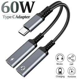 محول OTG 2 في 1 من نوع USB C إلى مقبسي USB C مزدوجين مع مقبس سماعات ومحول صوتي وشاحن سريع بقدرة 60 واط لأجهزة سامسونج وهواوي وآيفون 15 وشاومي