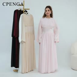 عباية دبي فاخرة للنساء بطبقتين، قفطان محتشم من الشيفون المطوي بأكمام طويلة وكورسيه برباط على الخصر، فستان سهرة وحفلات الزفاف