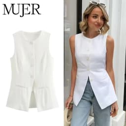 MUJER 2025 الأبيض سترة دون أكمام المرأة زر الصيف سترات للنساء سترة الوردي سترة المرأة الشارع الشهير المرأة مصممة سترة