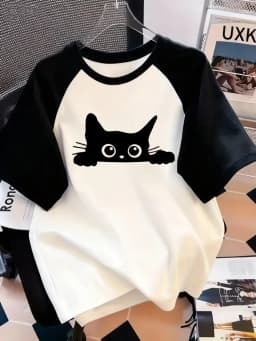 Kawaii تي شيرت ريترو الأسود القط إلكتروني طباعة طاقم الرقبة تي شيرت عارضة قصيرة الأكمام أعلى لربيع وصيف الملابس النسائية