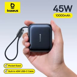 باور بانك بيسوس 45 واط، سعة 10000 مللي أمبير، مزود بكابل USB-C مدمج، صغير الحجم، يشحن بسرعة، محمول، مناسب لهواتف iPhone 18 و17 وسامسونج S26.