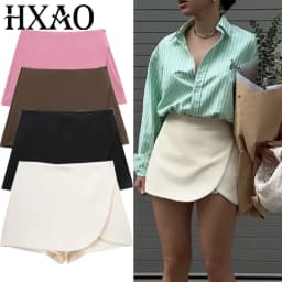 HXAO المرأة تنورة السراويل الصيف البيج الأسود تنورة السراويل امرأة مكتب عالية الخصر Skort للنساء غير المتكافئة الوردي البني تنورة