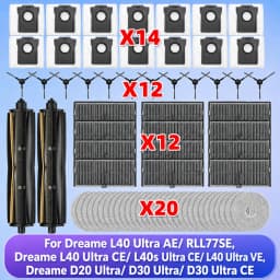 متوافق مع (Dreame L40 Ultra AE / RLL77SE, - غير مناسب لـ L40 Ultra, Dreame L40s Ultra CE/ L40 Ultra CE / L40 Ultra VE, Dreame D20 Ultra / Dreame D30 Ultra/ D30 Ultra CE ) فرشاة رئيسية جانبية فلتر HEPA ممسحة كيس
