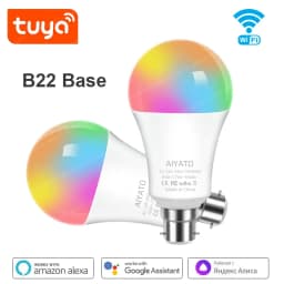 مصباح ذكي B22 Base UK TUYA Wifi بتقنية البلوتوث، مصابيح LED ذكية RGB بجهد 220 فولت، متوافق مع أليكسا ومساعد جوجل للتحكم الصوتي، مع خاصية التوقيت والتحكم عبر التطبيق.