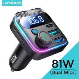 جهاز إرسال FM للسيارة من JOYROOM بقوة 81 واط مع بلوتوث 6.0 وميكروفونين وشحن سريع PD وQC 3.0 ومحول شحن ومشغل USB للمكالمات بدون استخدام اليدين