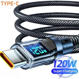 كابل شحن فائق السرعة 120 واط مع شاشة عرض رقمية فورية، كابل بيانات من USB A إلى Type C لهواتف آيفون وأندرويد، متوافق عالميًا.