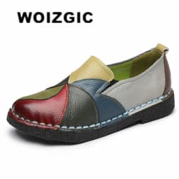 WOIZGIC المرأة السيدات أنثى امرأة حذاء للأمهات الشقق حقيقية أحذية جلدية بدون كعب الأخفاف مختلط ملون عدم الانزلاق على حجم كبير 42