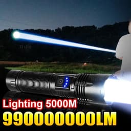 مصباح يدوي LED قوي بقوة 990000000 لومن، مصباح محمول قابل لإعادة الشحن مع بطارية مدمجة، فانوس تكتيكي بعيد المدى، إضاءة خارجية