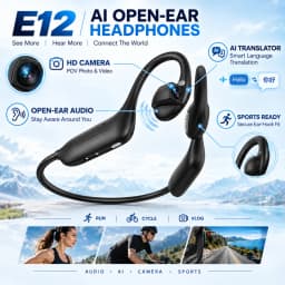 سماعات رأس E12 بتقنية التوصيل العظمي مع خطاف للأذن، سماعات رياضية مفتوحة الأذن مع مترجم ذكي وكاميرا عالية الدقة للجري وركوب الدراجات وتصوير الفيديوهات