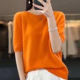 تي شيرت نسائي من الصوف الميرينو 100% برقبة دائرية، بلوفر كوري بأكمام قصيرة، سترة نسائية أساسية بلون واحد، نصف كم.