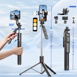 حامل ثلاثي القوائم لعصا سيلفي من MEUYAG مع ضوء ملء Monopod طويل 1708 مم، جهاز تحكم عن بعد بلوتوث، 360 درجة ° دوران، واجهة 1/4، للهاتف المحمول