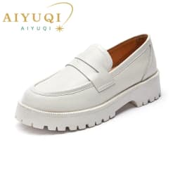 AIYUQI أحذية الربيع الإناث النمط البريطاني سميكة سوليد كلية نمط حذاء بدون كعب جلد طبيعي أحذية أنيقة الفتيات WHSLE MTO