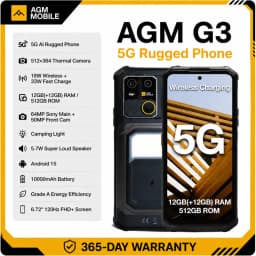 هاتف AGM G3 5G المتين بذاكرة 24 جيجابايت (12+12) وسعة تخزين 512 جيجابايت مع شحن لاسلكي وبطارية 10000 مللي أمبير وشاشة 6.72 بوصة بتردد 120 هرتز ومعالج Dimensity 7300 ونظام أندرويد 15 مع إضاءة للتخييم