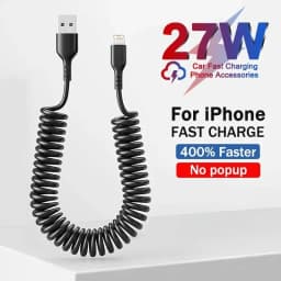 كابل USB سريع الشحن بتصميم زنبركي للسيارة لهواتف آيفون 14 و11 و12 و13 برو ماكس و7 و8 و14 بلس وX وXR وXS، سلك شحن ونقل بيانات