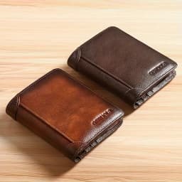 محفظة GERUOLA Slim RFID محمية من الجلد الطبيعي للرجال - حامل بطاقات الهوية والائتمان متعدد الوظائف بني داكن مع زخارف