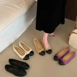 أحذية نسائية مسطحة بلونين مع فيونكة، أحذية مريحة بمقدمة مستديرة للارتداء اليومي في المكتب والحفلات