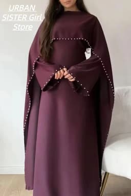 عباءة مزينة باللؤلؤ مع أكمام واسعة، ثوب إسلامي، فستان سهرة طويل وأنيق بلون موحد