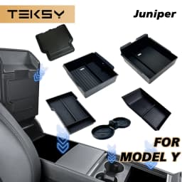 TEKSY 1/2/3/4/6/7/8 قطع لسيارة تسلا موديل Y الجديدة 2025 2026 جونيبر، مصنوعة من ABS مع حصيرة سيليكون مانعة للانزلاق، صندوق تخزين للكونسول ومسند الذراع