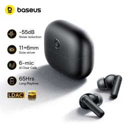 سماعات أذن لاسلكية Baseus Bass EP10 Ultra مع خاصية إلغاء الضوضاء التكيفية، بلوتوث 6.0، صوت عالي الدقة، 6 ميكروفونات، عمر بطارية 65 ساعة، مقاومة للماء IP55