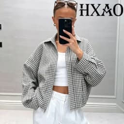 جاكيت بومبر نسائي منقوش من HXAO، جاكيت قصير بأكمام طويلة للخريف والشتاء، جاكيت أنيق كبير الحجم بنقشة مربعات، ملابس خارجية نسائية
