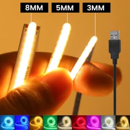 شريط إضاءة LED مرن بتقنية COB يعمل بجهد 5 فولت تيار مستمر، بعرض 3 مم و5 مم و8 مم، متوفر بألوان أبيض/دافئ/أزرق/أخضر/أحمر/أصفر/وردي، مناسب لإضاءة خلفية التلفزيون والديكور