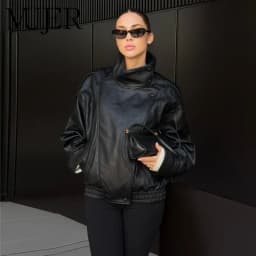 MUJER سترات من الجلد الصناعي الأسود للنساء ملابس خارجية مكتب المرأة Bomber سترة أزرار خاطفة ديمي الموسم سترة للنساء معطف