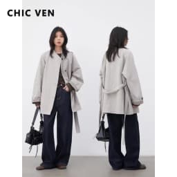 CHIC VEN معطف ترنش نسائي متوسط الطول، فضفاض، كاجوال، بتصميم بسيط، بنقشة كاروهات مرقعة، معطف واقٍ من الرياح بحزام، لربيع وصيف 2026