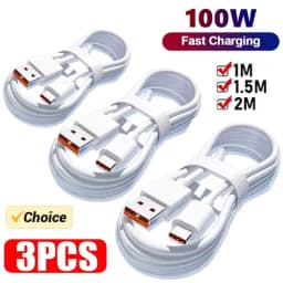 3 قطع كابل شحن سريع جداً بقوة 100 واط و6 أمبير، سلك بيانات USB من النوع C للشحن السريع