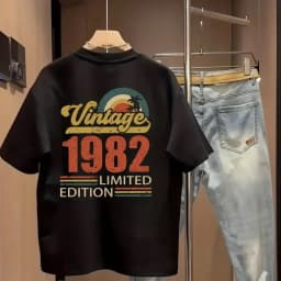 قميص صيفي رجالي بتصميم عتيق "إصدار محدود 1982" مع طباعة غروب الشمس، مصنوع من القطن 100٪ للملابس الكاجوال والشارع