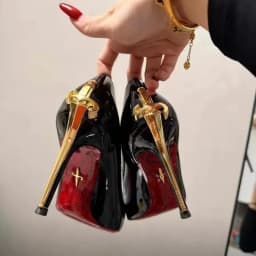 أحذية نسائية جديدة بكعب عالٍ رفيع مدبب بتصميم سيف معدني مثير من الجلد الأسود اللامع لموسم ربيع 2026 المبكر