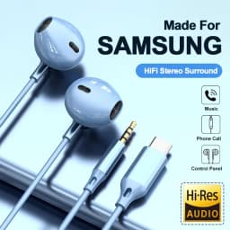 سماعات أذن سلكية لسامسونج بصوت محيطي عالي الدقة مع تحكم سلكي ومنفذ USB من النوع C و3.5 ملم لهواتف جالاكسي S24 وS23 وS22 ألترا