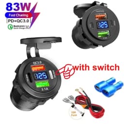 شاحن سيارة سريع بمنفذي USB مزدوجين QC 3.0 PD30W، مقاوم للماء مع مفتاح تشغيل، 12 فولت/24 فولت، محول شحن سريع للسيارة.