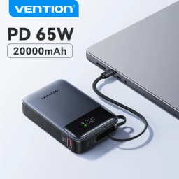 بنك طاقة Vention بقدرة 65 واط وسعة 20000 مللي أمبير، مزود بكابل USB-C مدمج، بنك طاقة محمول لشحن أجهزة الكمبيوتر المحمولة، شاحن سريع بتقنية PD لأجهزة iPhone 18 وSamsung S26 وS25.