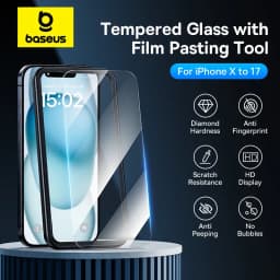 واقي شاشة من الزجاج المقوى من Baseus لهواتف iPhone 17 و16 Pro Max وiPhone 15 و14 Pro Max، بحواف شفافة وطبقة حماية مضادة للتجسس