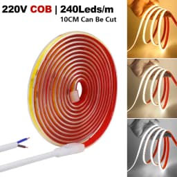 شريط إضاءة LED COB 220 فولت، 240 مصباح LED لكل متر، ساطع ومقاوم للماء، مع محرك مدمج، قابل للقطع كل 10 سم، شريط لاصق مرن، إضاءة خطية RA90
