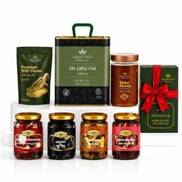 خيرات الجوف (2 لتر زيت + 0.5 كجم زعتر + 0.5 كجم عسل سدر + 4 اصناف مخللات) + هدية🎁