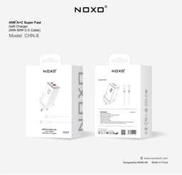 فيش جداري بقوة 45W بمخرجين USB-C و USB-A مع تقنية GAN مع كيبل USB-C TO USB-C من NOXO - أبيض