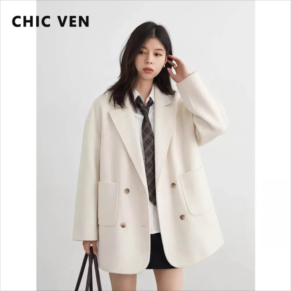 معطف صوف نسائي جديد من CHIC VEN، فضفاض بلون موحد، متوسط الطول، ذو وجهين، كبير الحجم، سترات خارجية للسيدات في المكتب، خريف وشتاء 2026 — صورة 1
