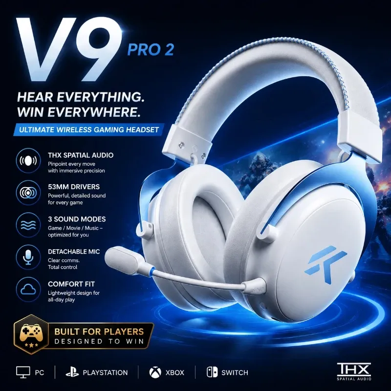 سماعة ألعاب لاسلكية فوق الأذن MCHOSE Authentic V9 Pro 2 مع ميكروفون، إلغاء الضوضاء، زمن استجابة منخفض، سماعات لألعاب الكمبيوتر. — صورة 1