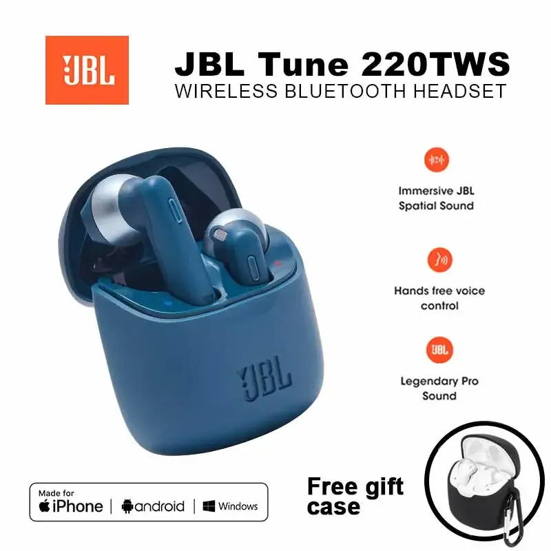 سماعات أذن لاسلكية أصلية من JBL Tune 220TWS مزودة بتقنية البلوتوث، سماعات أذن ستيريو مع صوت جهير، وميكروفون لتقليل الضوضاء، سماعة رأس JBL T220 tws — صورة 1